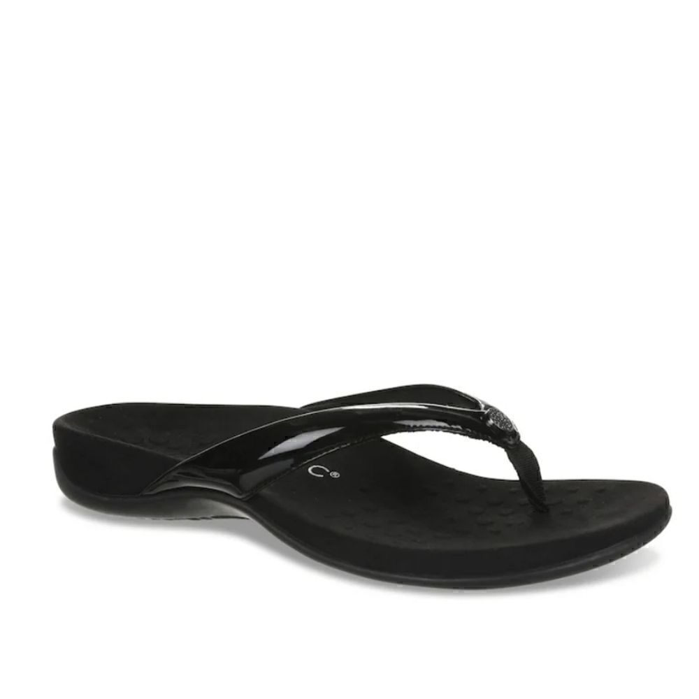 Vionic Davina Flip Flop, Black Faux Patent Leather Thong Sandals | 7